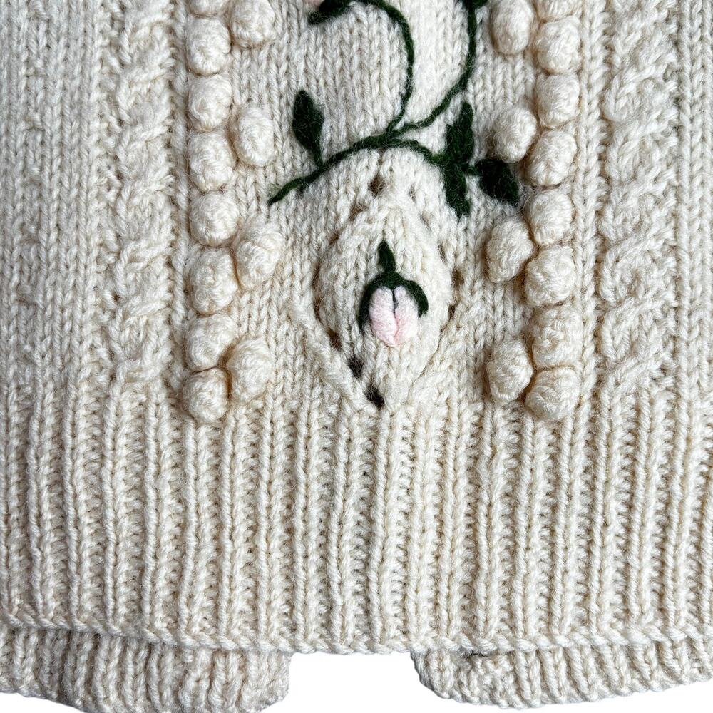 Vintage Hand Knitted Pure Wool Cardigan Sweater Cable Knit & Embroidery Ladies S - Picture 8 of 10